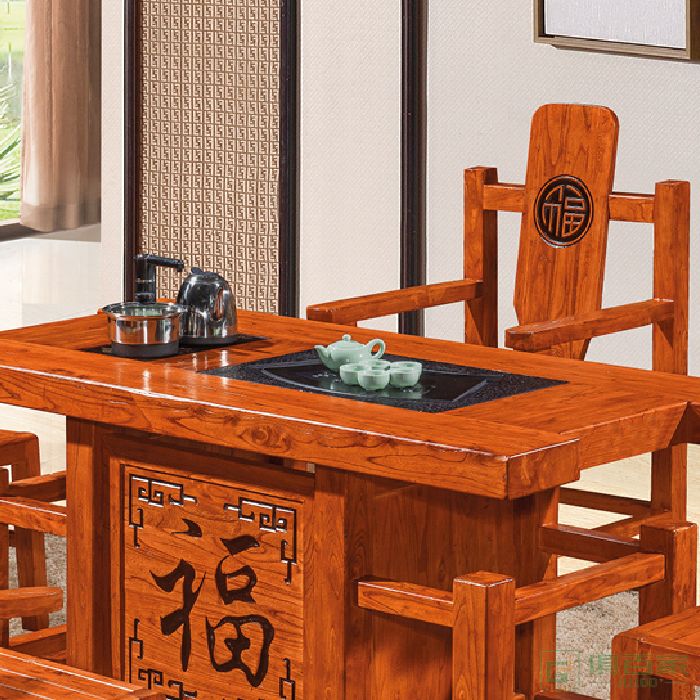 翔品家具聚福茶台木茶桌椅组合中式实木茶几功夫泡茶台客厅