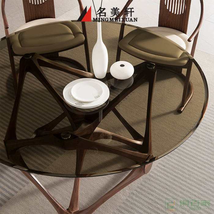 名美轩家具餐桌系列北美黑胡桃实木榫卯结构几何餐桌 精密结构高端艺术圆桌