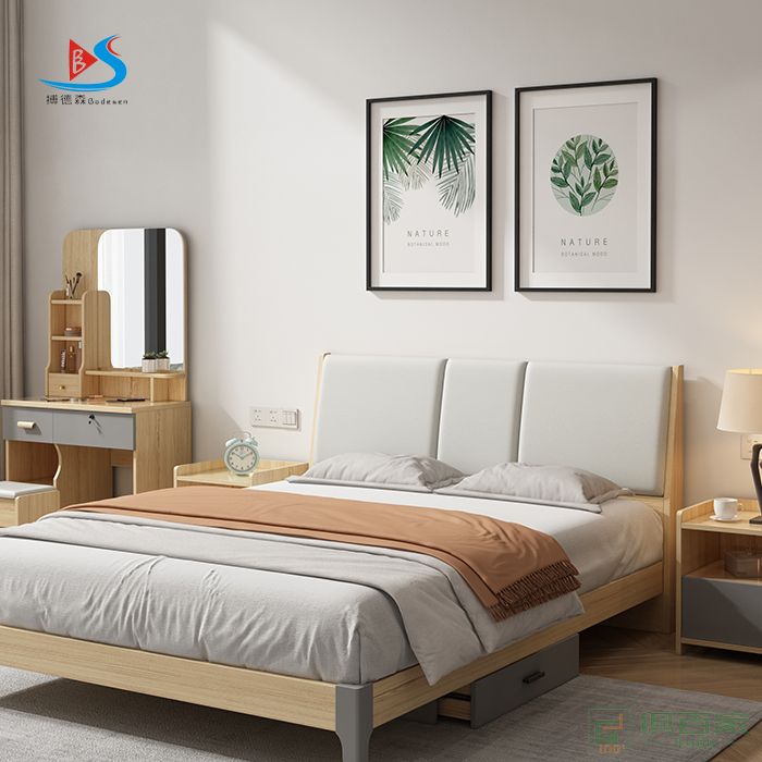 华冠家具双人床卧室系列床头柜实木床双人床现代简约