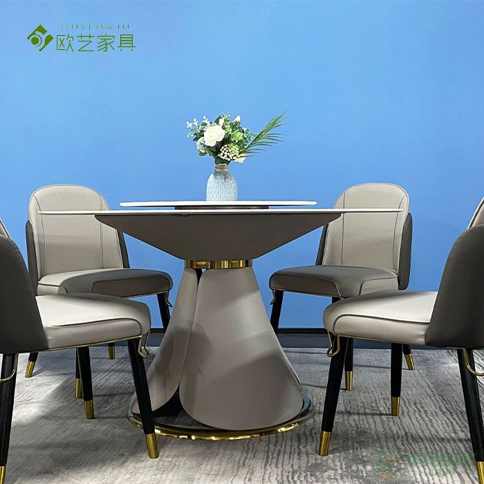  欧艺家具餐桌系列圆桌现代简约轻奢功能旋转餐桌