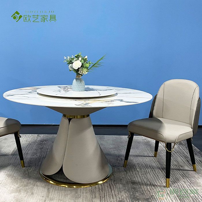  欧艺家具餐桌系列圆桌现代简约轻奢功能旋转餐桌