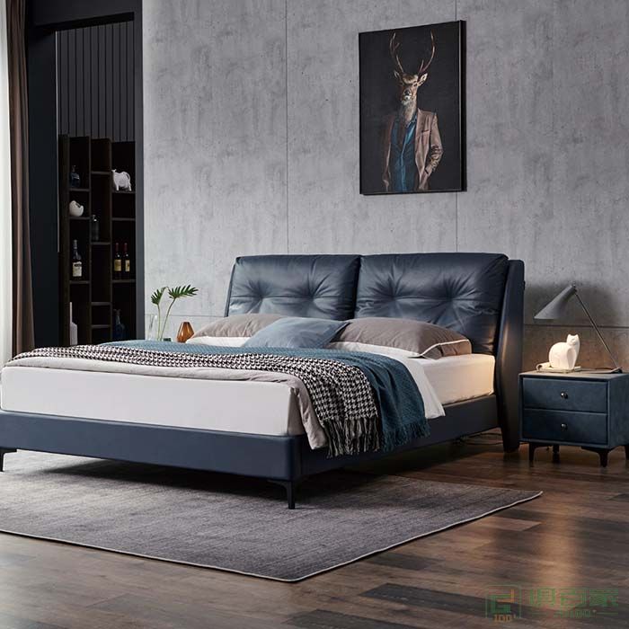 礼乐家具贝莱斯顿双人床卧室系列深蓝意式轻奢进口西伯利亚松木双人床