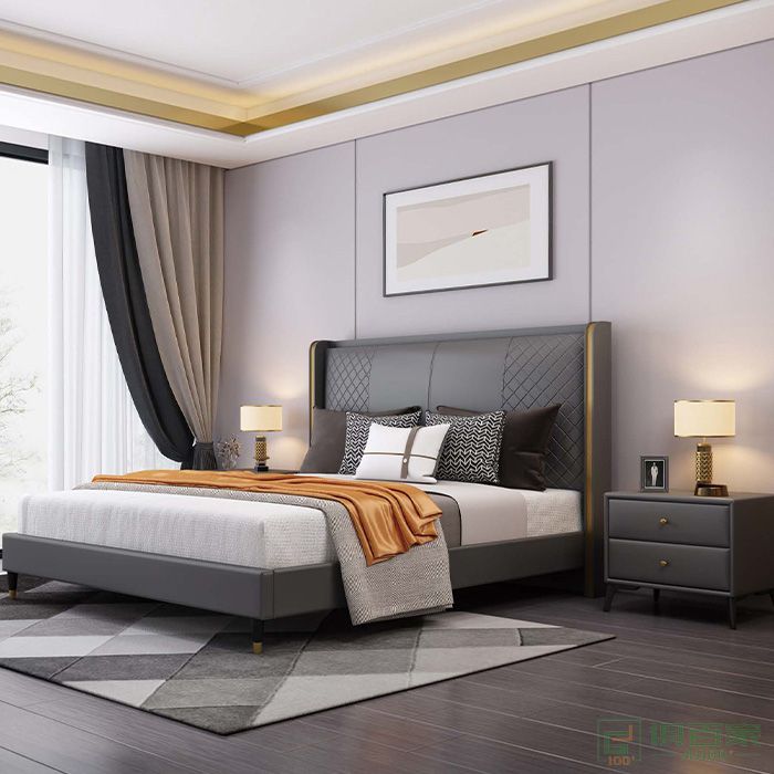 法轩尼（皇琛）家具床系列超细纤维皮革床头柜双人床