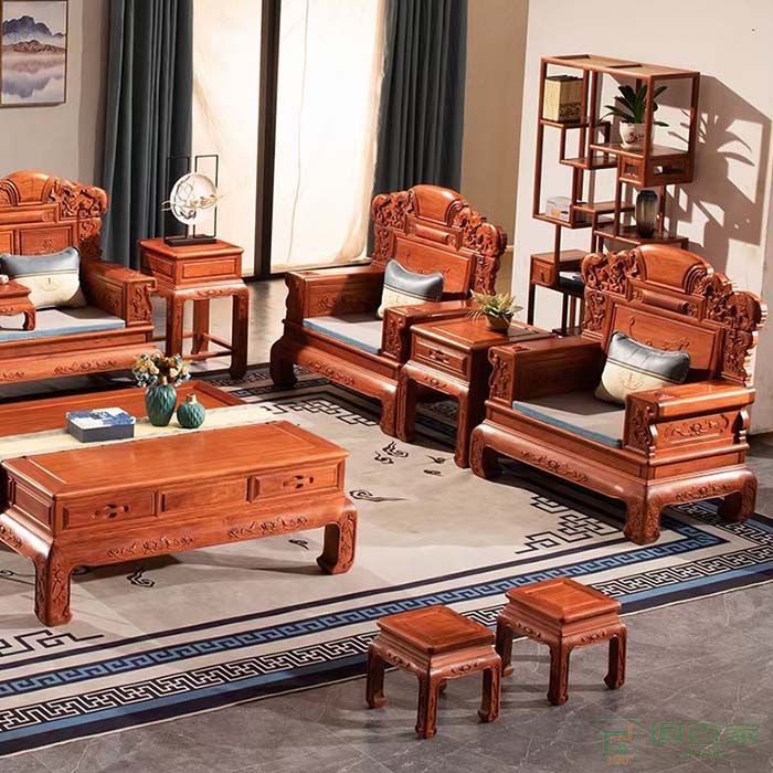 洪耀堂家具红木茶几沙发系列大果紫檀木年年有余沙发