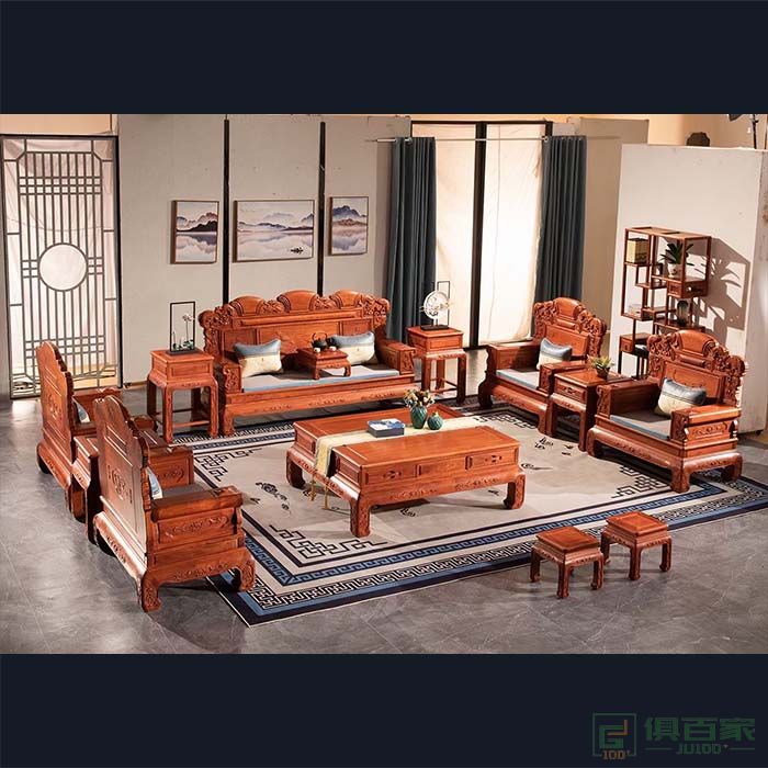 洪耀堂家具红木茶几沙发系列大果紫檀木年年有余沙发