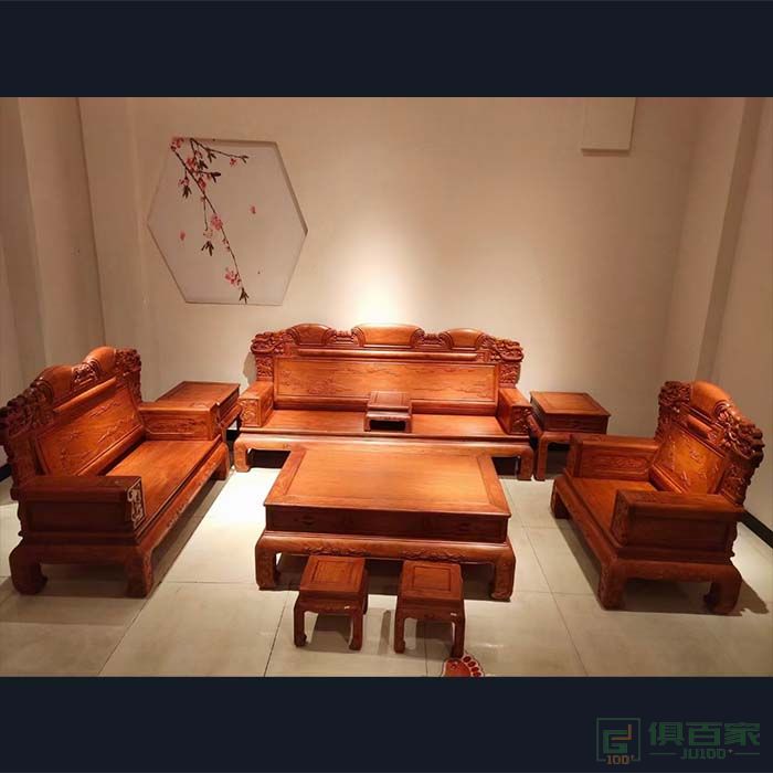 洪耀堂家具红木茶几沙发系列大果紫檀木象头年年有余沙发